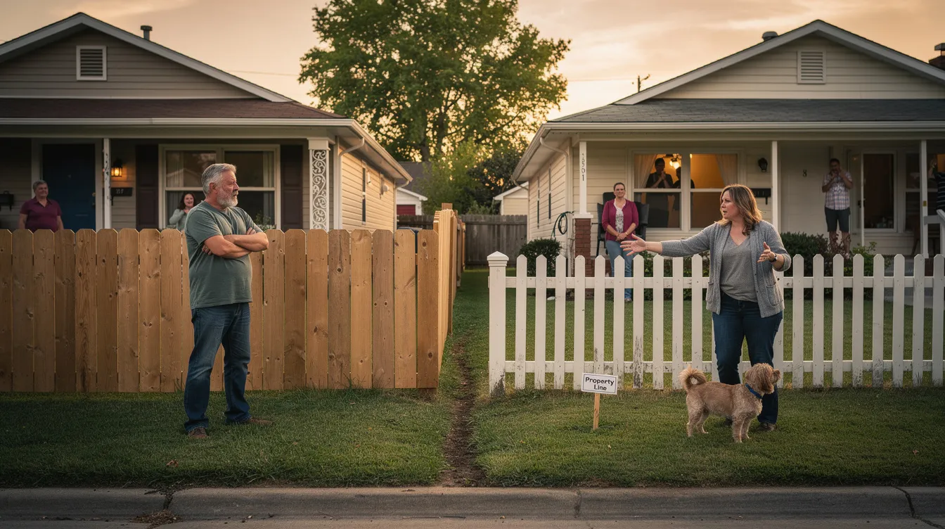 The image depicts two neighbors engaged in a discussion, illustrating a typical neighbor-to-neighbor dispute within a homeowners association (HOA) context. The scene emphasizes the importance of open communication and conflict resolution processes, highlighting how community residents can work towards a mutually agreeable solution to resolve their conflicts.