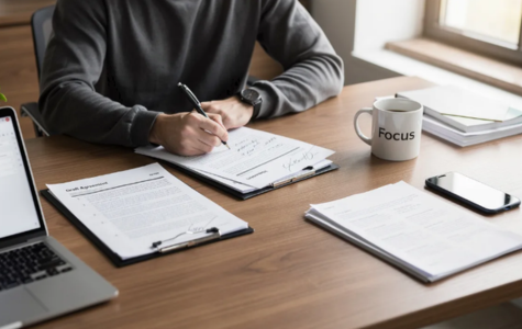 Man at desk writing rental policy