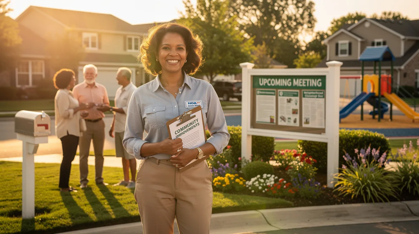 The image depicts a homeowner actively engaging in a discussion with HOA board members, symbolizing the proactive approach to resolving HOA disputes. This scene highlights the importance of open communication and the potential for finding a mutually agreeable solution within the community, reflecting the principles of HOA conflict resolution.