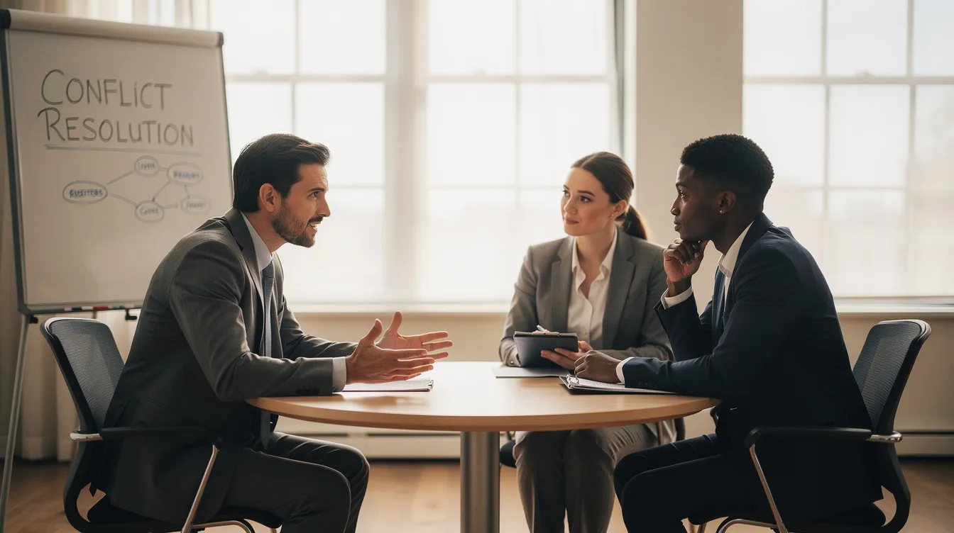 The image depicts a group of homeowners and board members engaged in a discussion about conflict resolution within their HOA community. They are focused on resolving disputes by exploring alternative dispute resolution methods and maintaining open communication to uphold community standards.